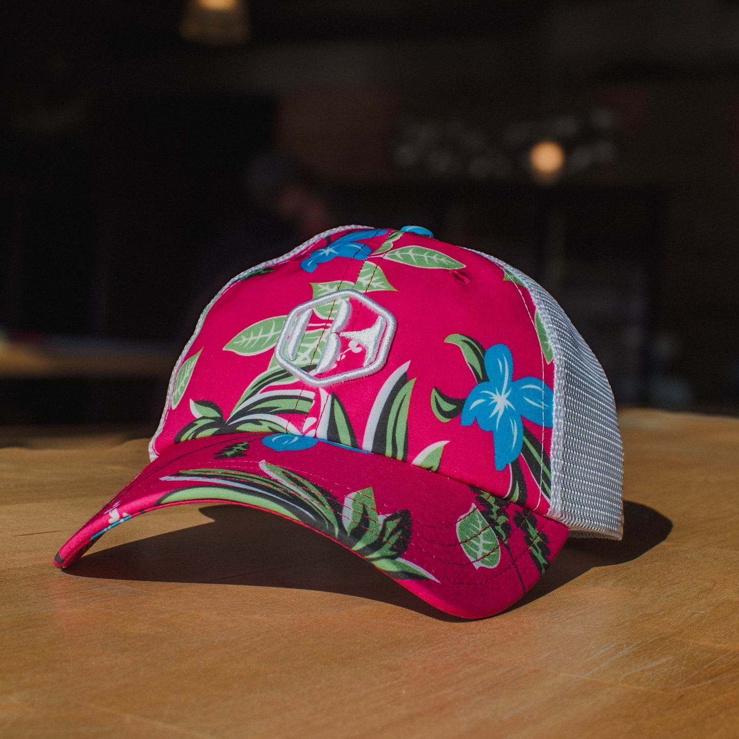 Dad Hat - Fuchsia Plumeria with White Mesh