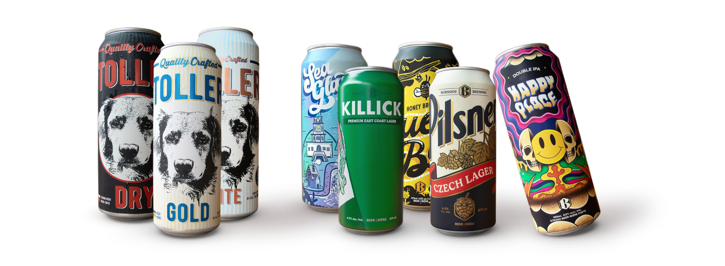A group of craft beer cans from Burnside Brewing, including Toller Dry, Gold and Lite, Sea Glass, Killick, Queen Bee, Pilsner and Happy Place.