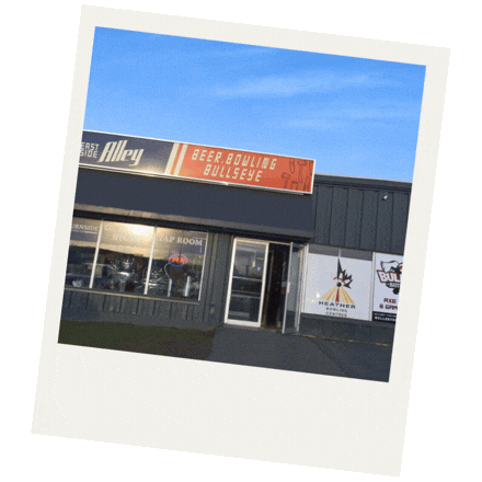 Series of polaroid photos overlapping each other featuring the exterior and interior of East Side Alley, a bowling lane and brewery.