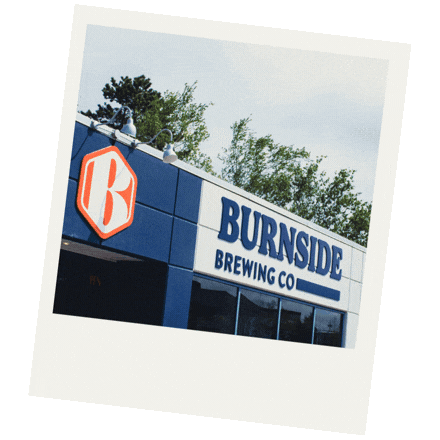 A series of polaroids overlapping featuring the exterior and interior of Burnside Brewing, a brewery and beer store in Dartmouth, Nova Scotia.
