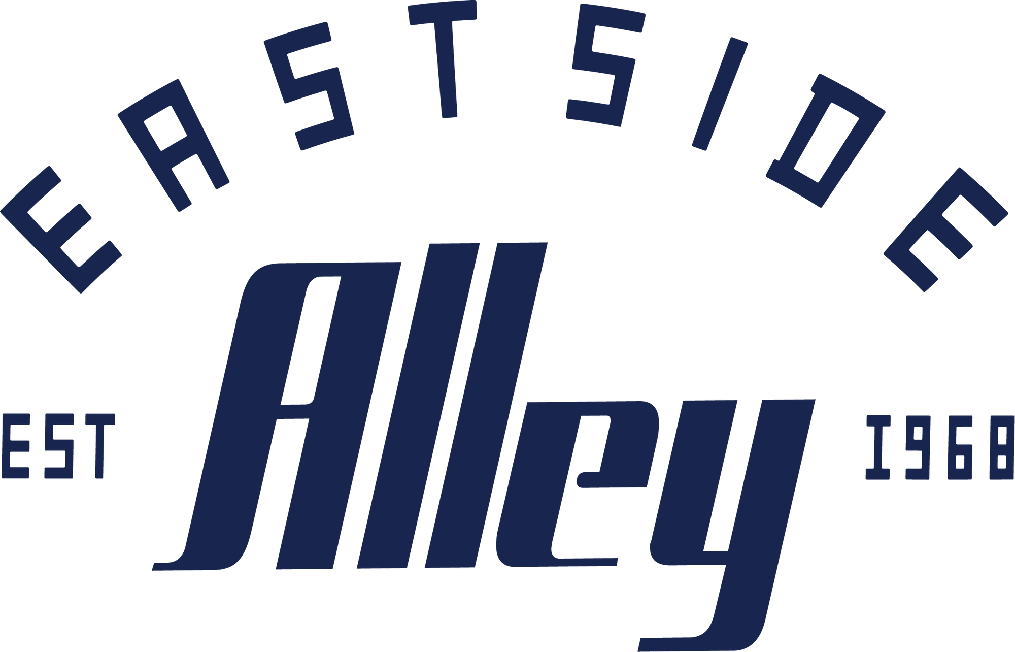 A dark navy blue graphic logo featuring the words 'EAST SIDE' arched above 'Alley' with 'EST 1968' on either side.