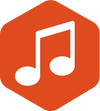 A stylized white music note centred inside a rounded orange hexagon.