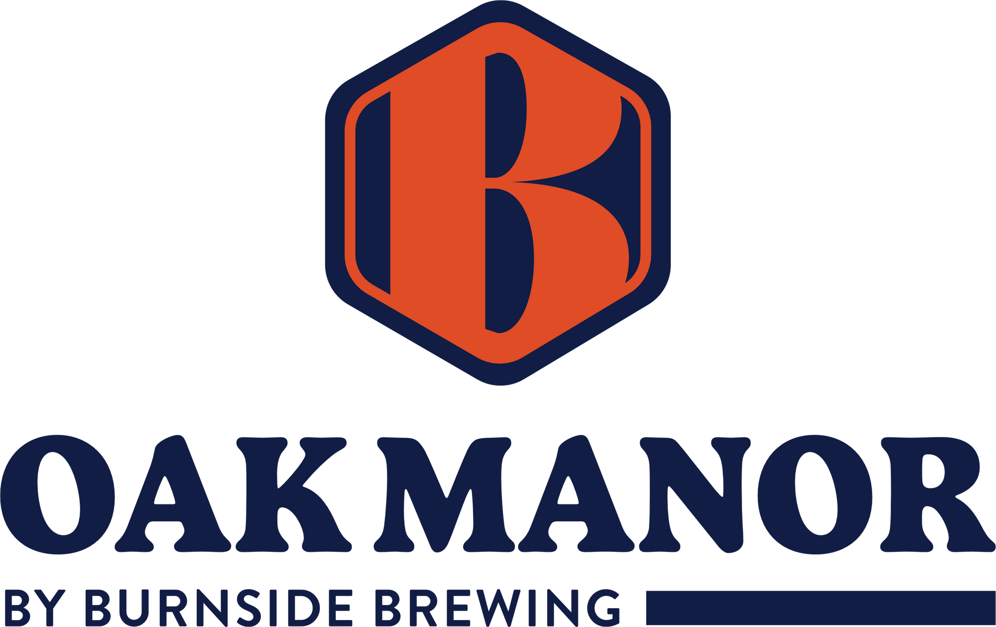 Oak Manor by Burnside Brewing logo with a stylized orange 'B' in a blue hexagon.
