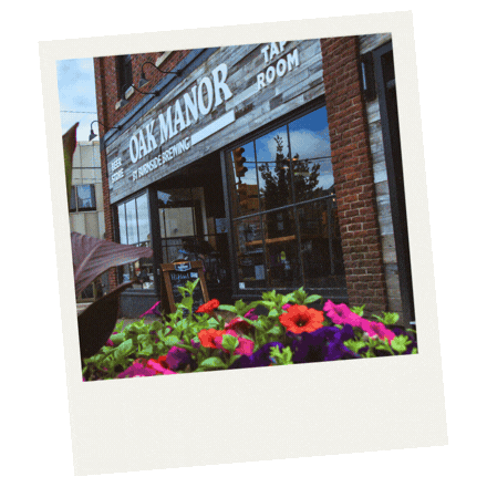 A series of polaroids overlapping one another featuring the exterior and interior of Oak Manor, a brewery in Antigonish, Nova Scotia. 