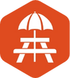 Logo with a picnic bench and umbrella on an orange hexagonal background.
