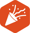 A white party popper icon with confetti and streamers inside a rounded orange hexagon.