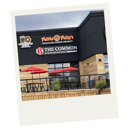 Series of polaroids overlapping each other featuring exterior and interior images of The Common, a brewery in Truro, Nova Scotia.