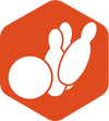 A simple icon showing a white bowling ball and white bowling pins inside a rounded orange hexagon.