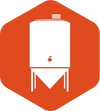 A stylized white brewing tank icon centred inside a rounded orange hexagon.