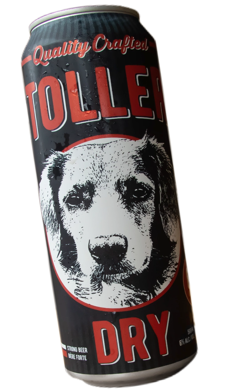 A single aluminum can of Toller Dry Beer. The can features a black label with a black-and-white dog face illustration inside a red circle..