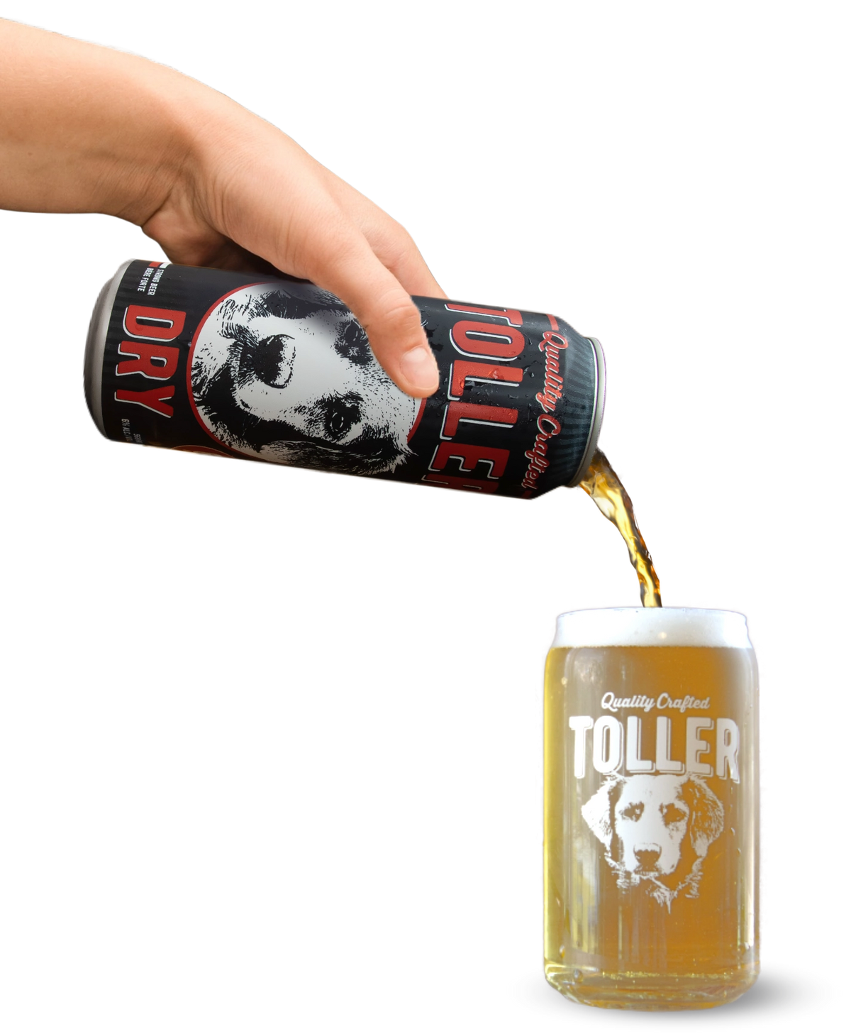 A hand pours amber beer from a black Toller Dry can into a clear glass mug printed with the Toller dog logo.